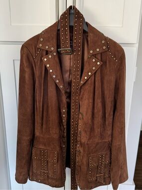 Vakko Brown Suede Studded Suede Jacket with matching suede wrap skirt